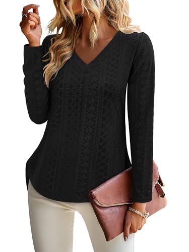 KISSMODA Long Sleeve Fall Shirts For Women V Neck Tunic Tops Embroidered Button Down Knitted Blouses 2025