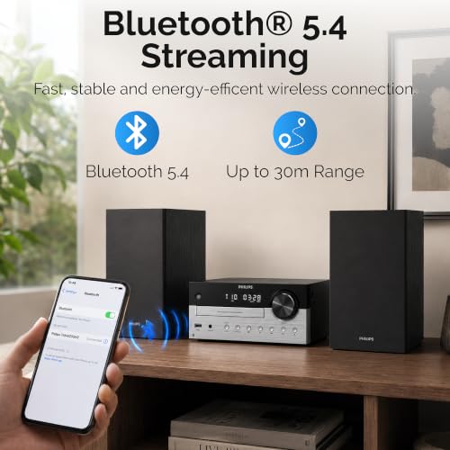 Image of Philips Bluetooth Stereo System for Home with CD Player, Bluetooth 5.4 & Auracast, Upgraded 80W Stereo Sound, MP3, USB, Audio in, FM Radio, Bass Reflex Speaker, Remote Control Included