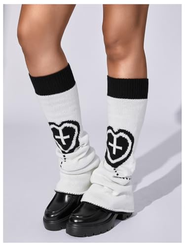 Image of RoseSeek Women's 1 Pair Y2K Bow Front Lace Trim Leg Warmers Ribbed Knit Over Knee Pile Leg Warmers Long Socks