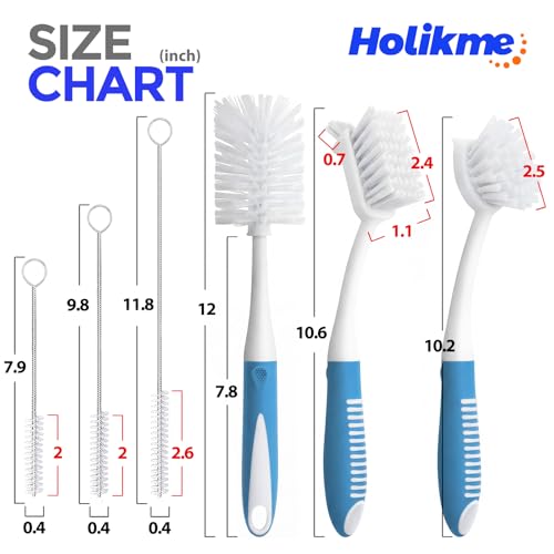 Image of Holikme 6 Pack Dish Brush Set with Bottle Brush, Dish Scrub Brush, Pan Brush and 3 Straw Brushes, Deep Cleaning Handle Brush with Scraper Tip for Kitchen Sink Dishes Bottle Cup Pot and Pans (Azul)