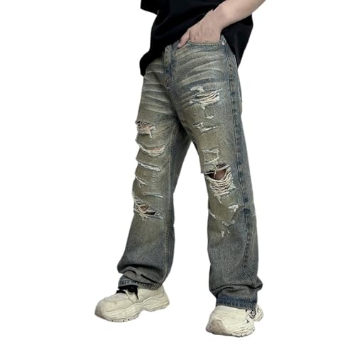 Men's Washed Ripped Straight Leg Denim Pants Retro Distressed Loose Jeans with Pockets