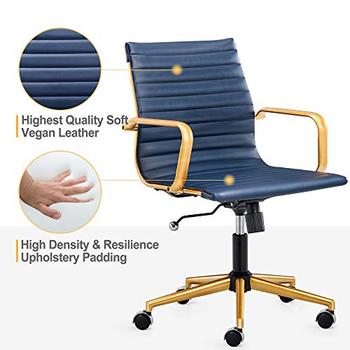 Luxmod Gold Office Chair In Blue Leather, Mid Back Office Chair With Armrest, Gold And Blue Ergonomic Desk Chair For Back & Lumbar Support, Modern Executive Chair - Blue… #TOP3