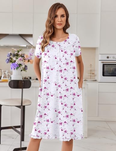 Image of Ekouaer Nightgowns for Women with Pockets Button Front Short Sleeve House Dresses Floral Print Mumu Dress
