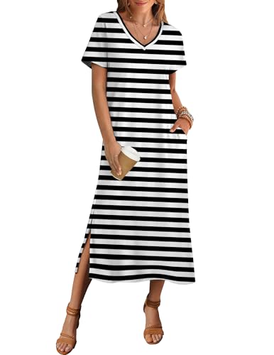 Image of Zeagoo Women Summer Floral Dress Short Sleeve Beach Dress with Pockets Casual V-Neck Split Long T-Shirt Dress Travel Vacation