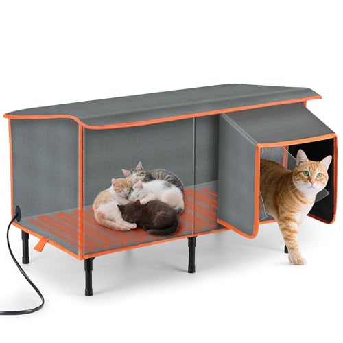 SIWA MARY Heated Cat House for Outside in Winter,Weatherproof Outdoor Cat House with Cat Heating Pad, Waterproof &Safe Escape Door, Insulated Cat Shelter with Heater for Feral Barn Cats Kitty