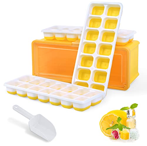 Korlon Silicone Ice Cube Tray With Lid And Bin, Ice Trays For Freezer With Lid Scoop Pull-Out Design Easy To Release Ice Cube Trays For Whiskey Cocktails Cool Drinks, 42 Ice Cubes Total #TOP26