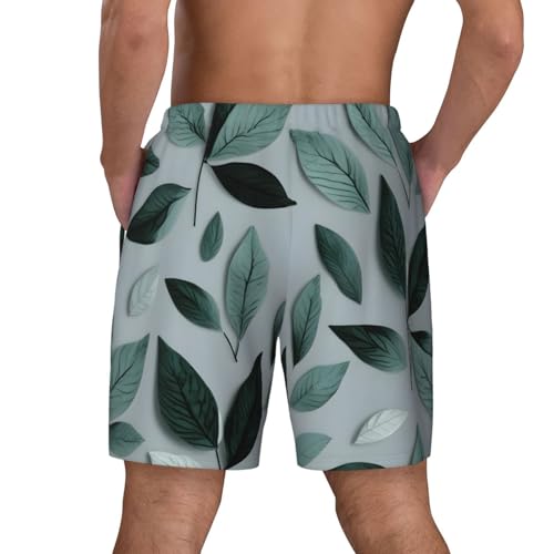 Men's Mint Gray Leaf Print Quick-Dry Mesh Swim Trunks Stretch Lining Beach Shorts Surfing Summer Vacations3