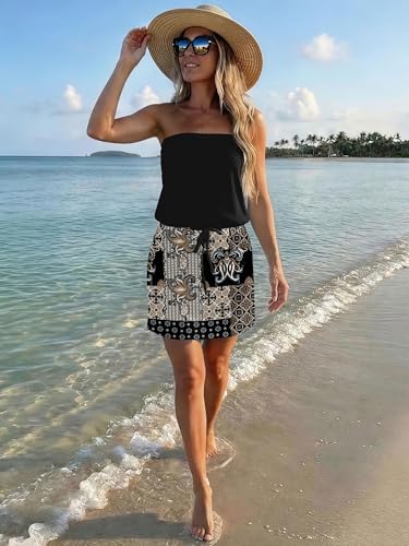 Image of SAUKOLE Summer Dress for Women Strapless Beach Cover Ups Boho Sundress Mini Dress Drawstring Waist with Pockets