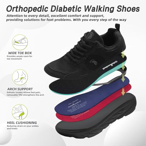 Image of Men's Orthopedic Diabetic Wide Toe Box Walking Shoes: Comfortable Arch Support Plantar Fasciitis Orthotics Sport Shoes, Swollen Feet Casual Running Tennis Sneakers for Foot and Heel Pain Relief