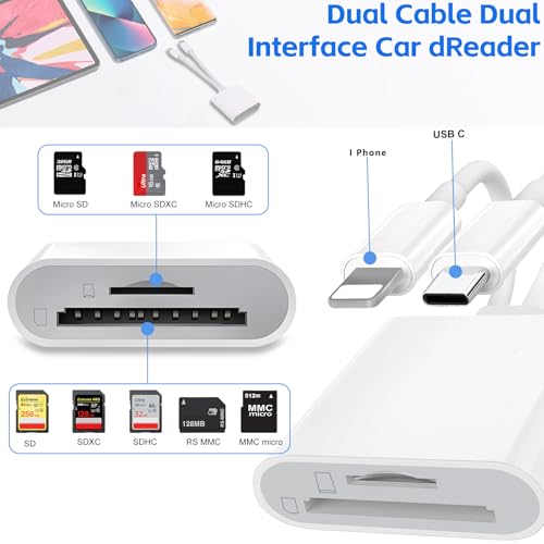 SD Card Reader for iPhone Camera Adapter with Dual Interface Memory Card Reader for iPhone/MacBook/USBC Laptop for SD/TF, Plug & Play, Camera Accessories - Thumbnail 2