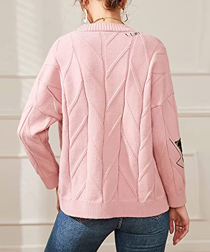Image of chouyatou Women's Cable Knit Embroidery Patchwork Cardigan V Neck Long Sleeve Open Front Button Down Sweater