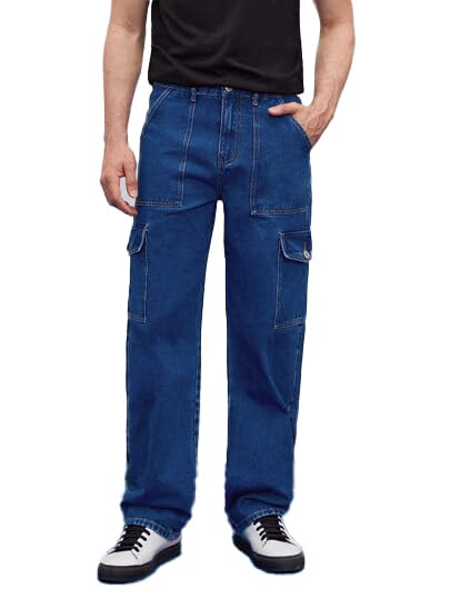 Image of Men's Straight Fit Denim Cargo Pants - Casual Multi-Pocket Work Jeans