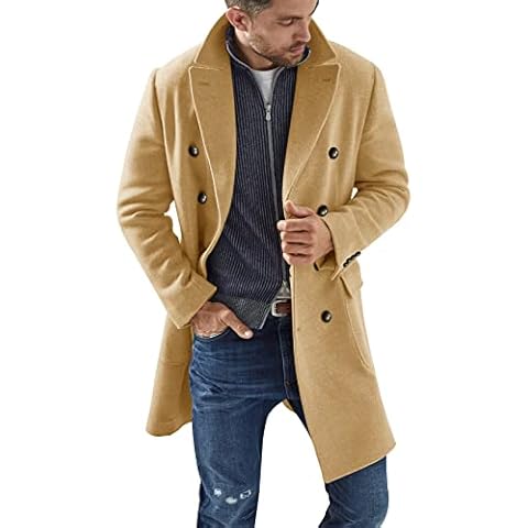 PASLTER Mens Notched Lapel Long Trench Coat Double Breasted Slim Heavyweight Winter Warm Pea Coat Overcoat Outwear, Khaki, XX-Large Cover