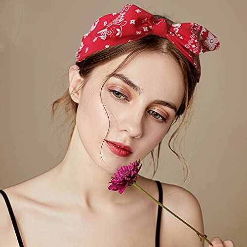 Lvyeer Paisley Print Wide Bow Headbands For Women Bandana Rabbit Ear Elastic Hairband Cute Knot Headbands Hair Accessories (Style 1: (Red, White, Navy, Black) #TOP1