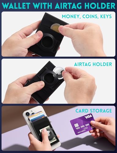 Magsafe Wallet with AirTag Holder, Magsafe Slim Wallet for iPhone 15/14/13/12 Pro Max Plus Mini, Minimalist Credit Card Holder with Elastic Pocket for Cash,Coins&Keys, Magsafe Pop up wallet2
