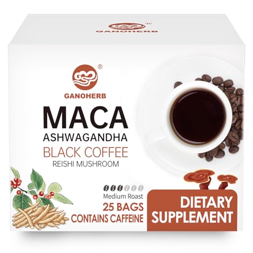 GANOHERB Maca Energy Coffee for Men Women Herbal Coffee with Ashwagandha Maca Root Reishi Mushroom Extract for Energy & Focus - 1 Box (25 Packets)