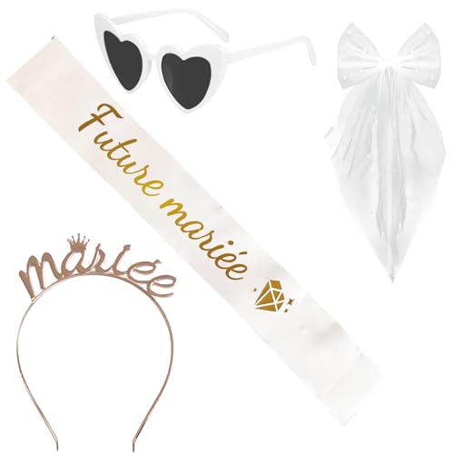 Accessoire EVJF Couronne Serre-tête Mariée+Echarpe Future Mariée+Voile avec Perles+Lunette Coeur Accessoire Kit Enterrement De Vie De Jeune Fille