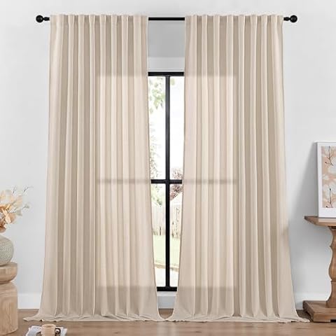 DaysU 2 Panels,102 Inch Length,Oatmeal,54 Inch Wide,Back Tab/Hook Belt Linen Sheer Curtains for Bedroom Living Room Cover
