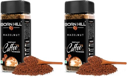 Image of BORN HILL Hazelnut Instant Coffee, 50g | 100% Arabica & 0% Chicory | Rich Hazelnut Flavor | Makes 25 cups | Hot & Cold Brew | Vegan | Premium Coffee Powder (Pack of 2)