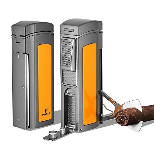 Pipita Windproof Cigar Lighter Torch Metal Gas Cigarette Butane Lighter Jet Quad Blue Flame Refillable Lighter With Two Punch #TOP4