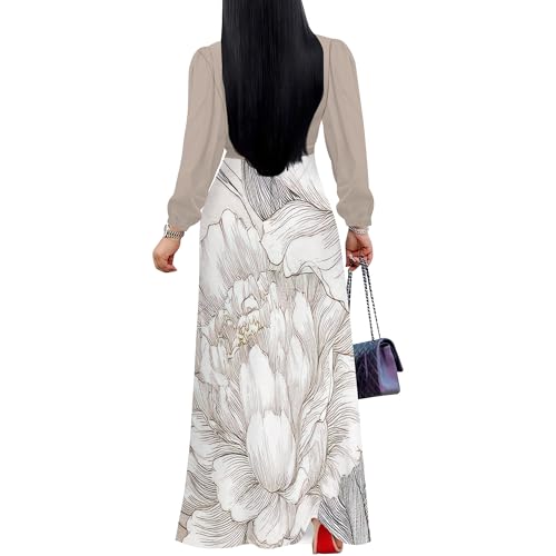 Image of Women's Plus Size Maxi Dresses Long Sleeves V Neck Floral Print Bohemian Swing Long Dress with Belt