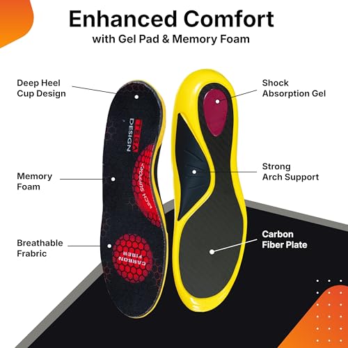 Image of Carbon Fiber Insole with Arch Support - Plantar Fasciitis, Flat Feet, Heel Pain, Overpronation Relief, Running & Sports - Memory Foam & Breathable Fabric - Deep Heel Cup