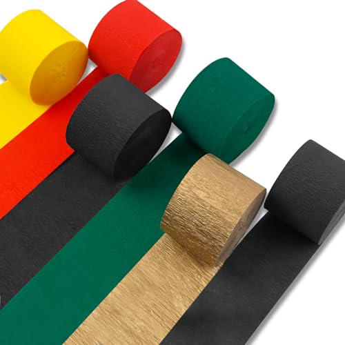 Image of PartyWoo Crepe Paper Streamers 6 Rolls 492ft, Pack of Metallic Gold Black Green Red Yellow Crepe Paper Streamers, Crepe Paper for Black History Month Party Decorations (1.8 in x 82 Ft /Roll)