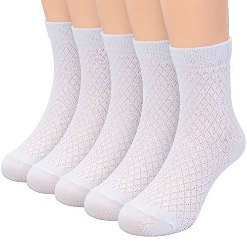 Looching 5 Pairs Toddler Cotton Socks Baby Thin Summer White Mesh Crew Ankle Dress Sock for Girls Boys kids 1-9Years