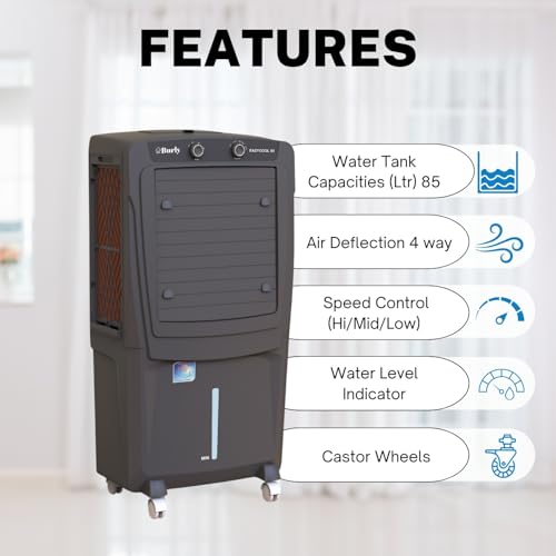 Image of BHABURLY Eazycool 85 L Desert Air Cooler | 4500 CMH Air Delivery | 4-Way Air Deflection & Auto Swing | Anti-Bacterial Honeycomb | Ice Chamber | 3-Speed Control | Inverter Compatible | 1 Yr Warranty