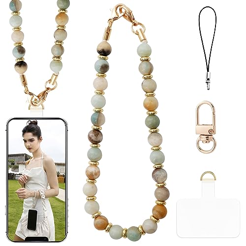 Beaded Phone Charm Strap Marble Phone Wrist Strap, Handmade Natural Gemstone Cellphone Lanyard with Tether Tab & Swivel Lobster Clasp Hands-Free Wristlet Bracelet Phone Chain Strap