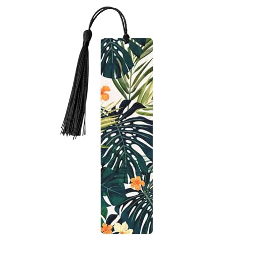 トロピカルサマーハワイアンフラワーヤシの葉プリント 読書ページマーカー しおり タッセル付き木製しおり5個 本好きへのギフトに