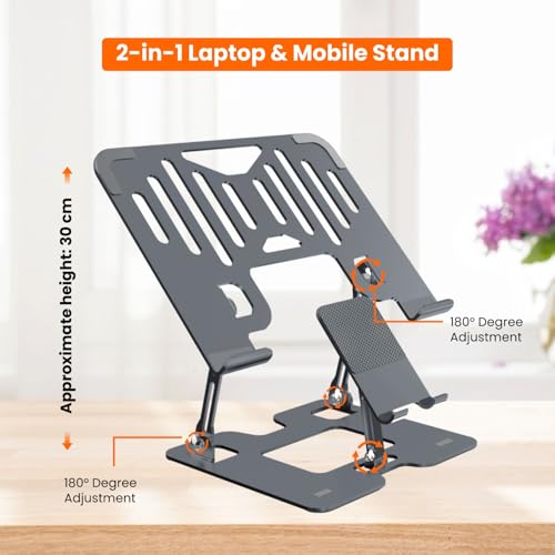 Image of Dyazo 2 in 1 Adjustable Laptop & Mobile Stand | Foldable & Ventilated Riser for Laptops upto 15.6 inch | Portable Adjustable Height | Compatible for MacBook, HP, Dell, Acer, Lenovo & More (Space Grey)