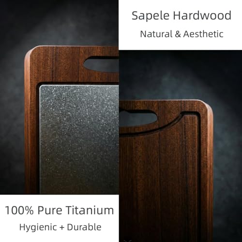Tabla de Cortar de Titanio con Madera Sólida de Sapele, 45,7 cm x 30,5 cm x 2,5 cm, para Picar y Servir, con Ranura para Jugos, Asas Antideslizantes y Pies No Deslizables miniatura 3