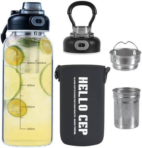 CHPINDAM 34oz tea bottle with infuser - Large Capacity Glass Water Bottle, With Time Mark, Stainless Steel Tea Strainer,Sleeve, BPA Free,For hot or cold drinks, coffee, tea and water