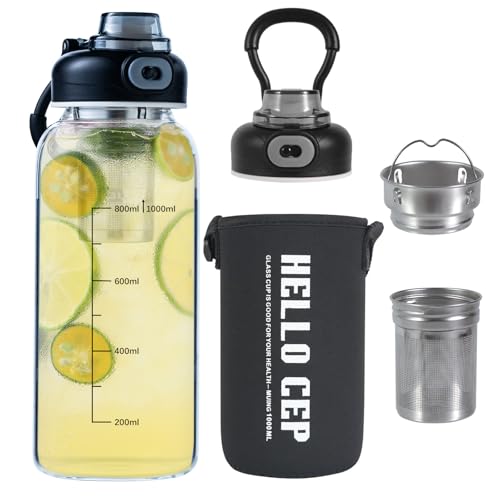 Comparison: Best Tea Infuser Water Bottle 2 CHPINDAM 34oz tea bottle with infuser - Large Capacity Glass Water Bottle, With Time Mark, Stainless Steel Tea Strainer,Sleeve, BPA Free,For hot or cold drinks, coffee, tea and water