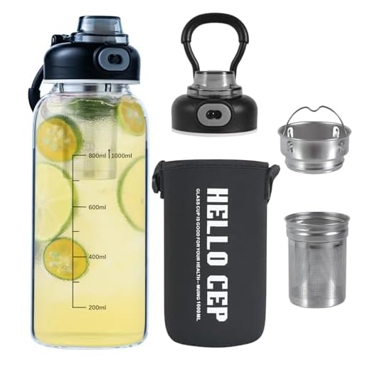 CHPINDAM 34oz tea bottle with infuser - Large Capacity Glass Water Bottle, With Time Mark, Stainless Steel Tea Strainer,Sleeve, BPA Free,For hot or cold drinks, coffee, tea and water