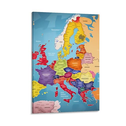 Carte de l'Europe murale premium imprimée sur toile haut de gamme de format 50x75cm de qualité