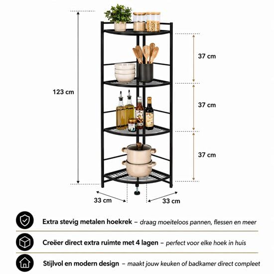 Eckregal 4 Einlegeböden – Metall Eckregal 123 cm hoch – Platzsparendes Regal für Küche, Bad oder Wohnzimmer – Schwarz