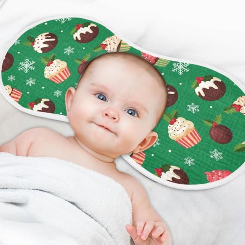 2 Pack Muslin Burp Cloths Christmas Cupcake Green Cotton Baby Burp Cloths Soft Burping Cloth Absorbent Spit Up Rags for Newborn Babies Boys Girls, Large 22" x 11"4