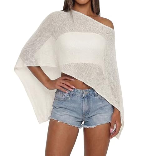 Women Sheer Knit Poncho Top Beach Cover Up Lightweight Crochet Shrug Y2k Summer See Through Shawl (White One Size)