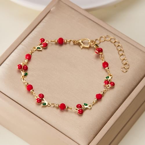 Image of Cherry Bracelet for Women Gold Evil Eye Link Bracelet Dainty Flower Daisy Bracelets Pearl Butterfly Heart Charm Bracelets Adjustable Summer Beach Jewelry