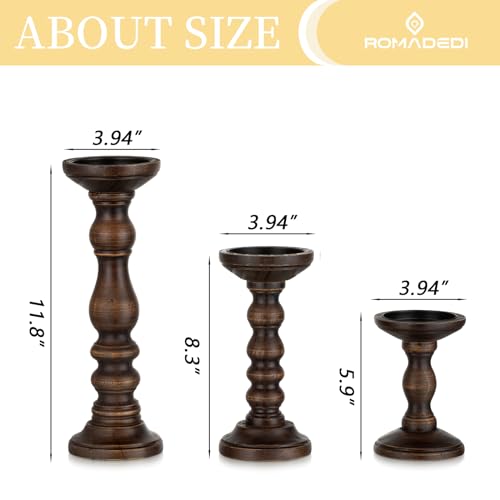 Romadedi Wood Candle Holders for Pillar - Set of 3 Tall Rustic Vintage Wooden Candlestick Holder, Farmhouse Candle Stand for Fireplace Mantle Shelf Table Home Decor, Dark Brown, 6"/ 8.3"/11.8" by Romadedi - Image 5