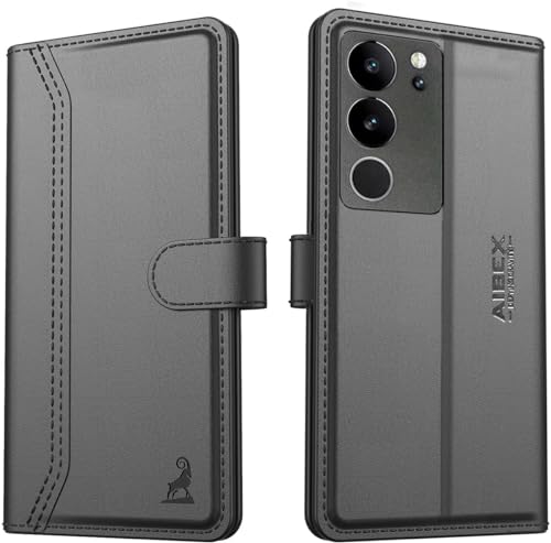 Image of AIBEX Compatible for Vivo V29 Pro 5G / Vivo V29 5G Flip Cover Leather Finish | Inside TPU with Card Pockets | Wallet Stand | Complete Protection Flip Case - Black