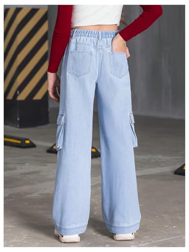 WDIRARA Girl's Cherry Print Cargo Jeans Elastic Waist Wide Leg Denim Pants with Flap Pockets2