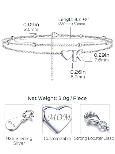 Image of ChicSilver Sterling Silver Anklets for Women Hypoallergenic Womens Ankle Bracelets for Women Layered Heart Anklet With Initials Womens Anklets Jewelry for Mom Wife