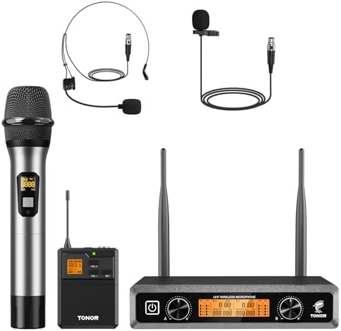 TONOR Wireless Microphones System with Metal 1 Cordless Mic and 1 Headset/Lapel/Lavalier Mic, Bodypack Transmitter, Receiver for Karaoke Church Singing Party PA Speaker, 2*15 Channels 60 m/200ft Range