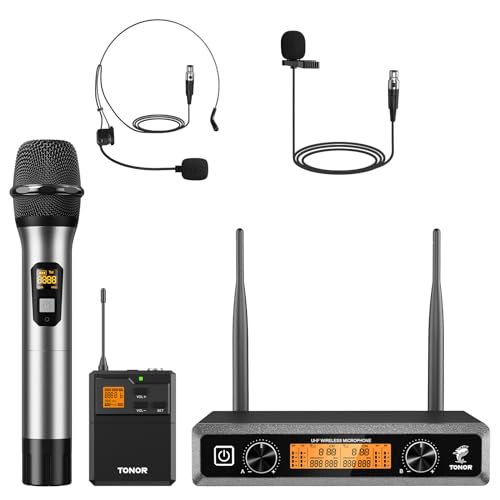 TONOR System mikrofonów bezprzewodowych, UHF z metalowym bezprzewodowym zestawem ręcznym/słuchawkowym/mikrofony klapy Lavalier, nadajnik Bodypack, odbiornik