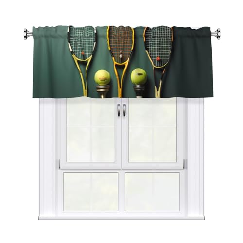 HJFCZH Cortina corta con cenefa de 137 x 45,7 cm, diseño de pelotas de tenis y raquetas de tenis, decoración del hogar, bloqueo de luz suave al tacto para ventana de cocina y baño