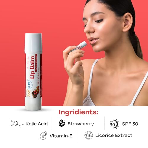 Image of Strawberry Lip Balm for Dark Lips Lightening with SPF 30 PA+++ | Sun Protection & Moisturizing | Lip Balm with Kojic Acid, Vitamin E & Shea Butter | For Men & Women | 4.8g (Pack Of 2)