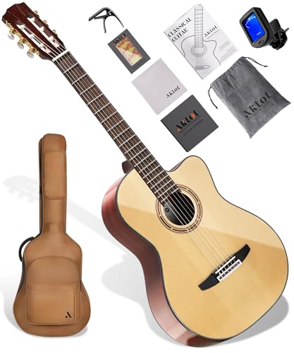 Image of AKLOT 39 inch Cutaway Classical Guitar: Spruce Top with Mahogany Back & Sides, Nylon Strings with Wound Bass Strings, Full Size Acoustic Classical Guitar Set with Bag, Tuner, Capo, Strings & Picks(BZ-SG)